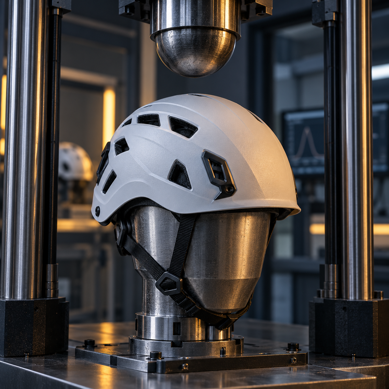 Modern climbing-style safety helmet in a falling-object test rig
