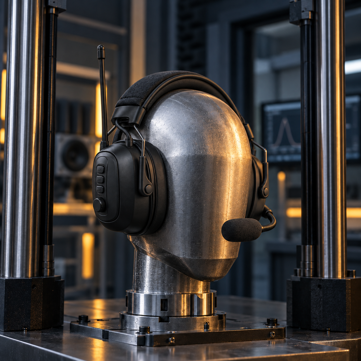 Black electronic hearing protection on a silver test head in an acoustic laboratory
