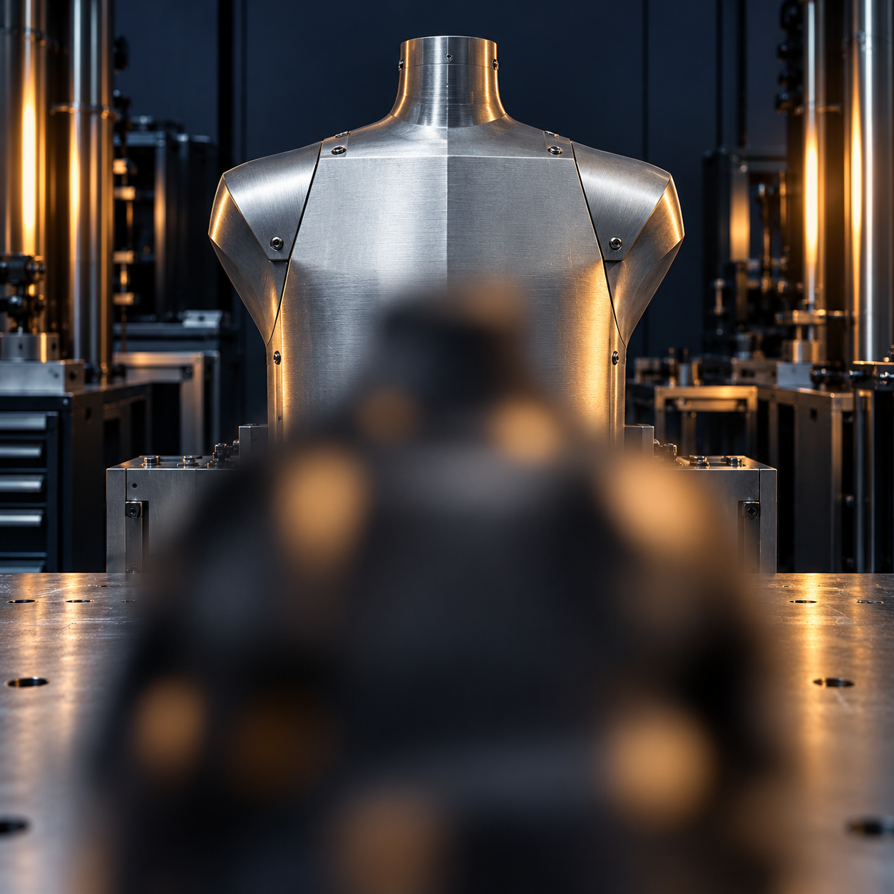Silver laboratory test torso behind a deliberately out-of-focus prototype