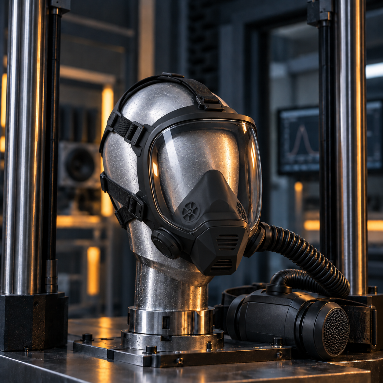 Modern PAPR full-face respirator with air hose and blower on a silver laboratory test head